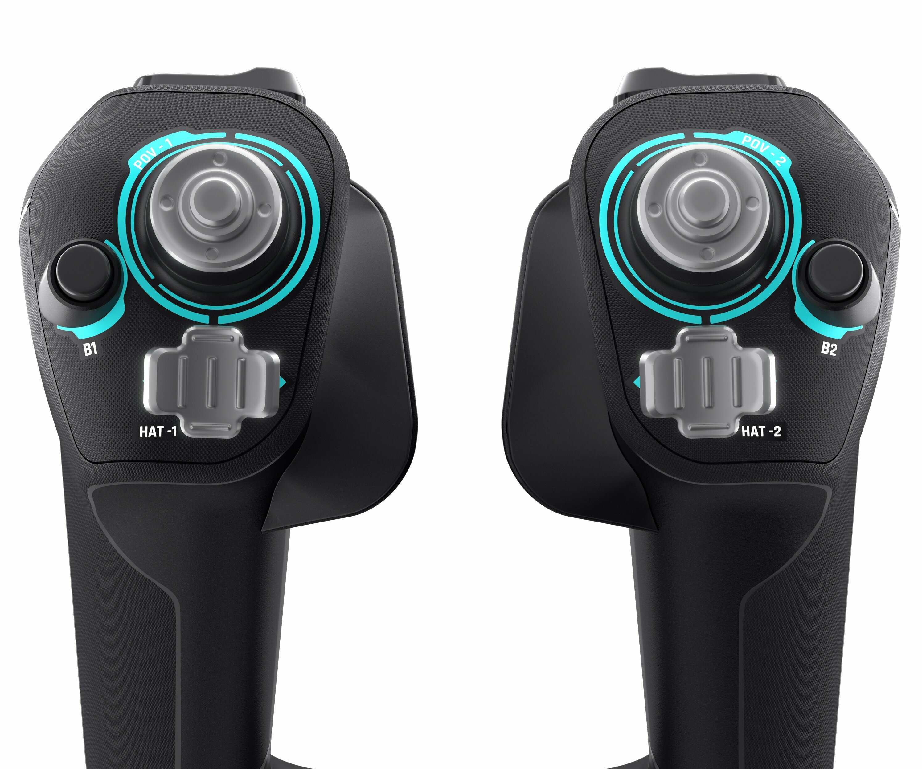 Dwa czarne drążki sterowania lotem z przyciskami i joystickami na białym tle.