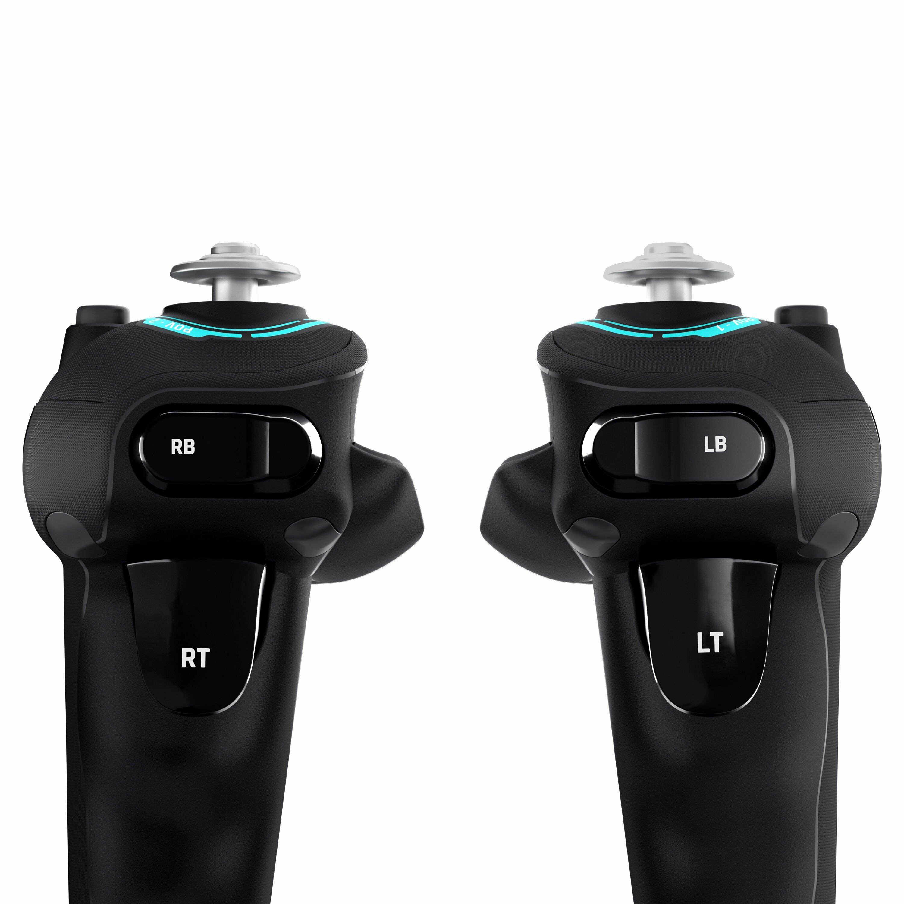 Dwa czarne kontrolery do gier, przyciski LB, RB, LT i RT, na białym tle.