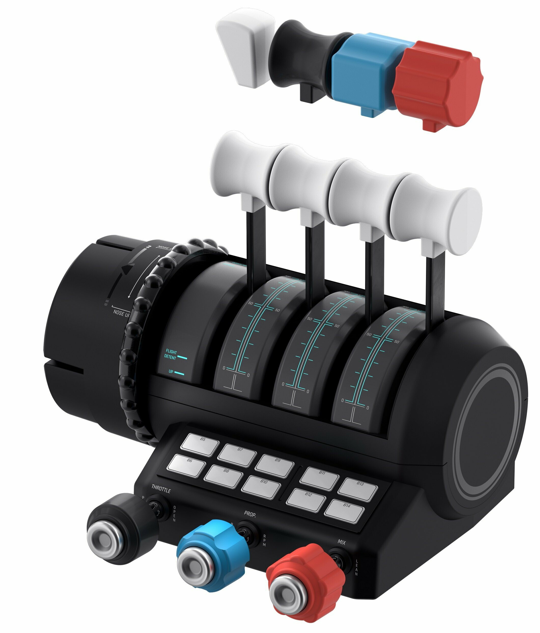 Urządzenie sterowania lotem z dźwigniami, przyciskami i kilkoma odłączonymi częściami.