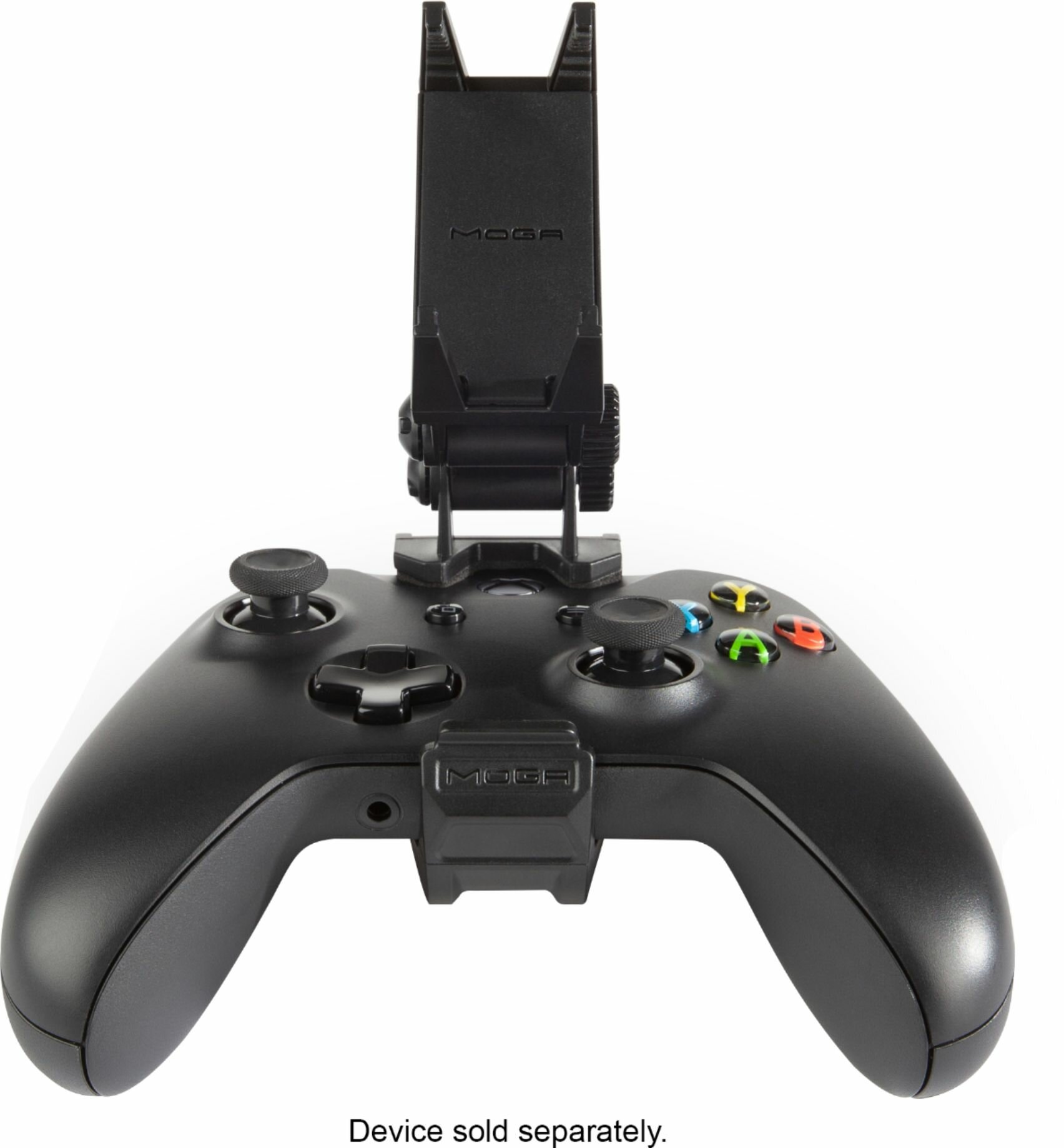 Czarny kontroler Xbox z czarnym klipsem do telefonu. Kontroler ma przyciski i gałki.