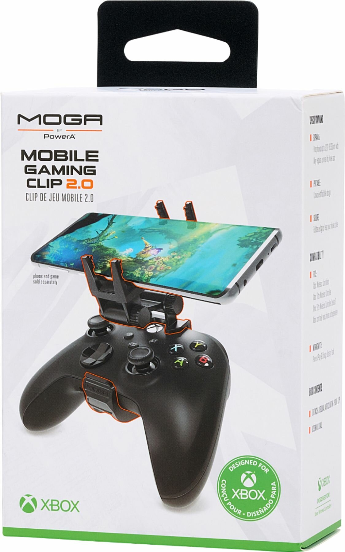 Pudełko MOGA Mobile Gaming Clip 2.0. Kontroler i telefon przymocowane. Białe tło. Zaprojektowane dla Xbox.