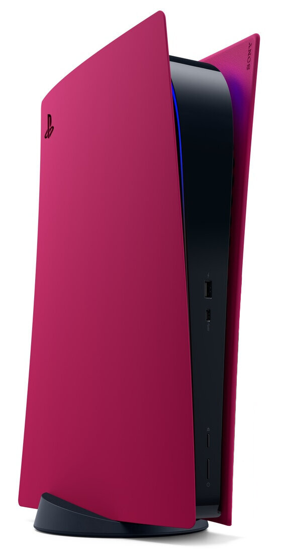 Konsola PlayStation 5 w kolorze magenta, z czarnym środkiem i podstawą. Widoczne logo Sony. Niebieskie światło akcentuje środek.