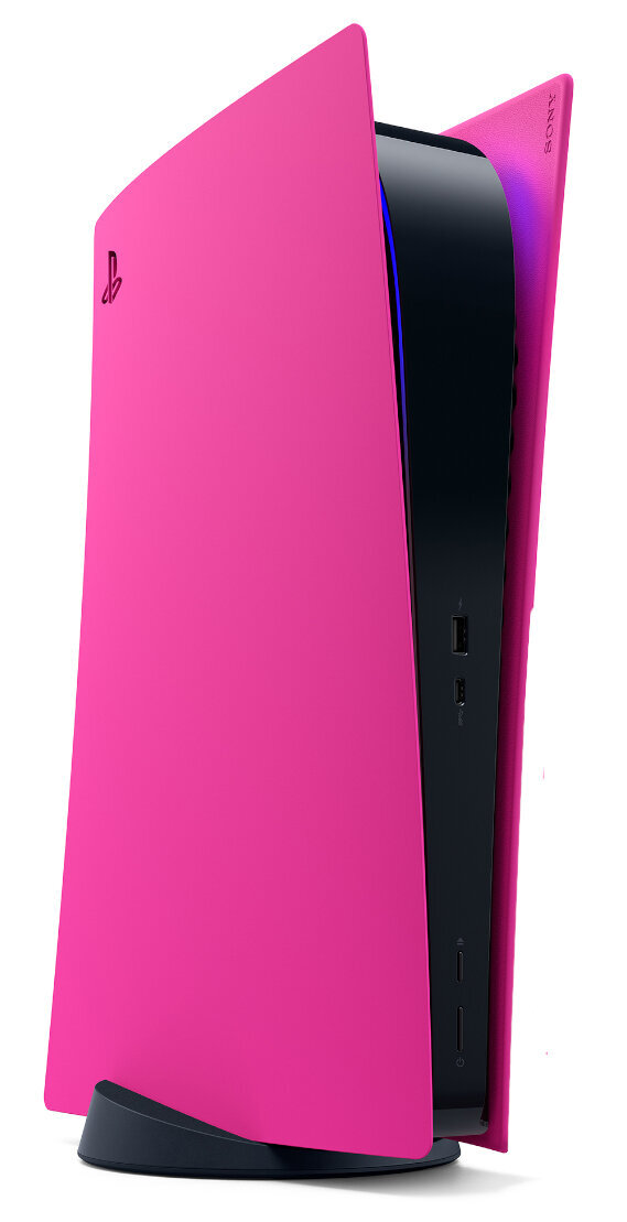 Różowa konsola PlayStation 5. Czarny środek, białe tło. Elegancki design, stojąca pionowo.