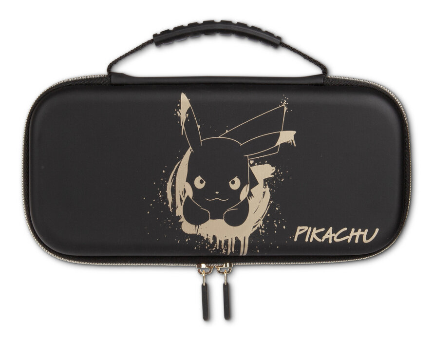 Czarny futerał na Nintendo Switch Pikachu z wzorem i tekstem Pikachu.