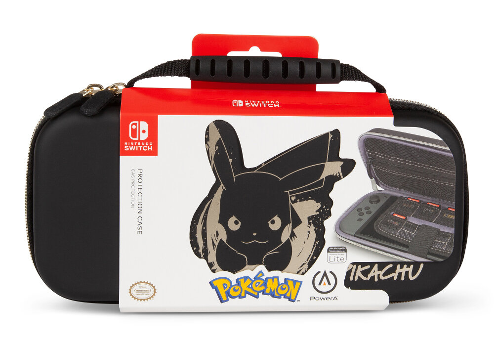 Czarny futerał Nintendo Switch z motywem Pikachu, tekstem 'Pokémon' i 'PowerA'.
