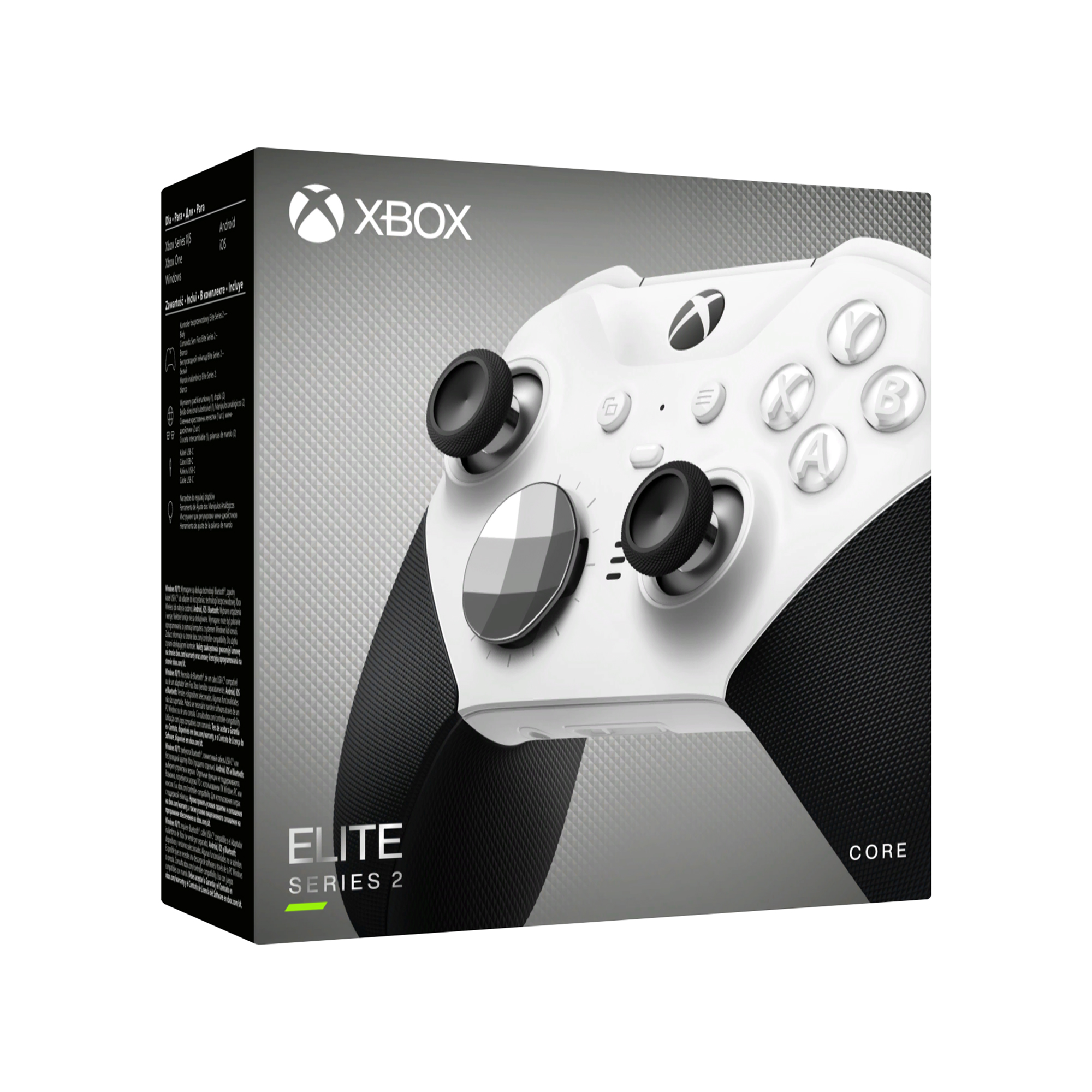 Biały kontroler Xbox Elite Series 2 Core w pudełku, czarne akcenty, widok z boku.