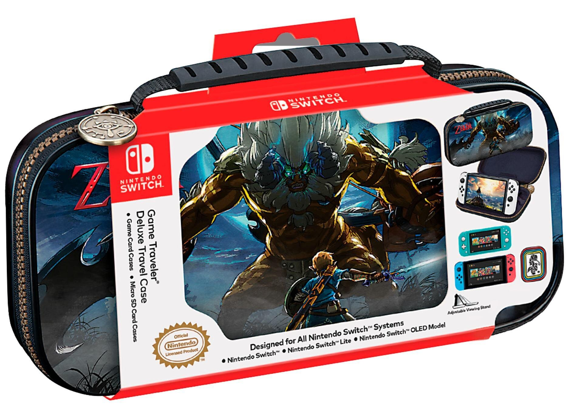 Etui podróżne Nintendo Switch, z grafiką gry i akcesoriami. Kolory czerwony i czarny.