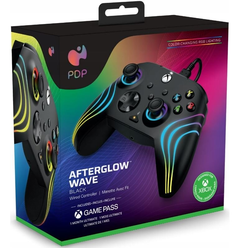 Czarne pudełko kontrolera Afterglow Wave z pokazanym gamepadem.