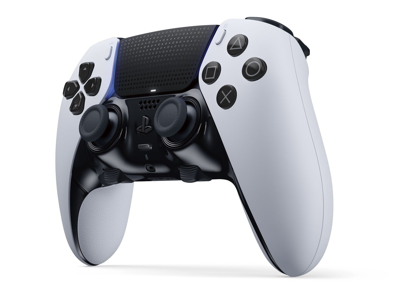 Biały kontroler PS5, widok pod kątem. Czarne akcenty, przyciski. Białe tło.