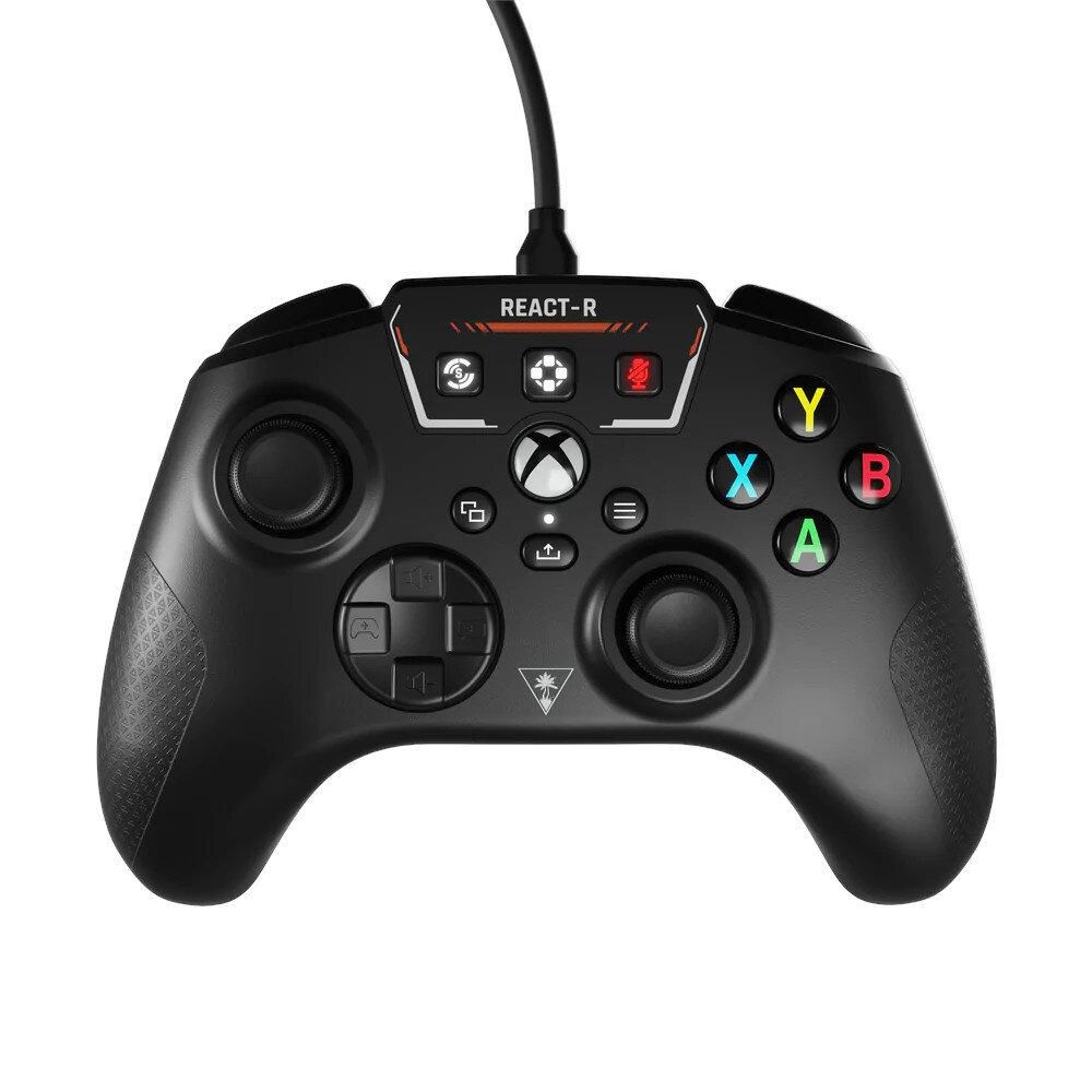 Czarny gamepad z przyciskami, logo Xbox i tekstem "REACT-R".