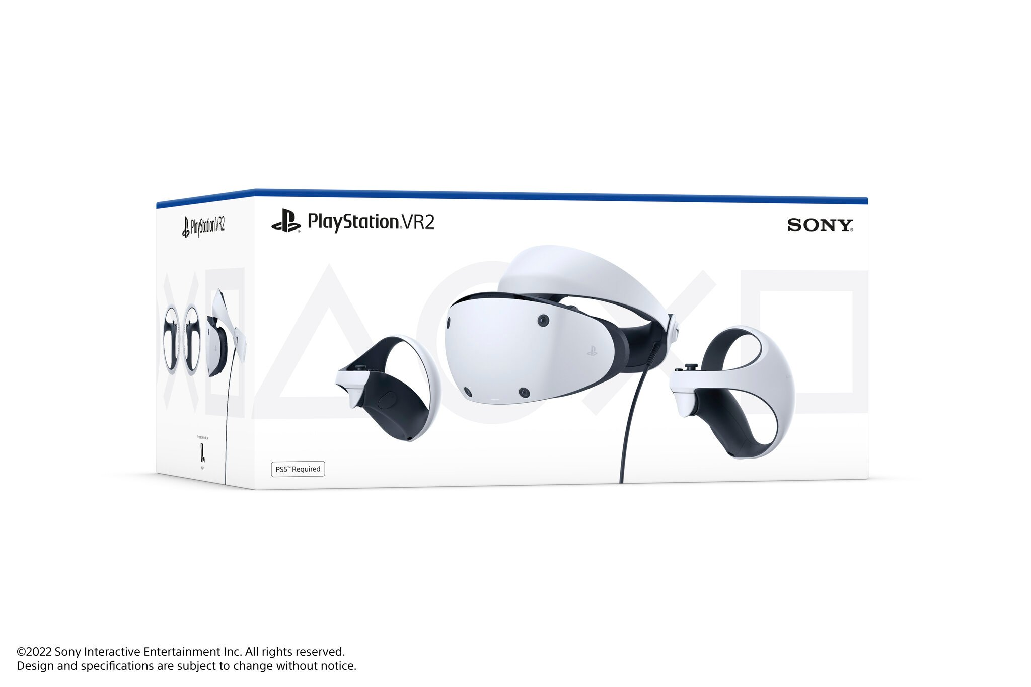 Białe pudełko PlayStation VR2 z zestawem słuchawkowym i kontrolerami. Białe tło, tekst i obrazy.