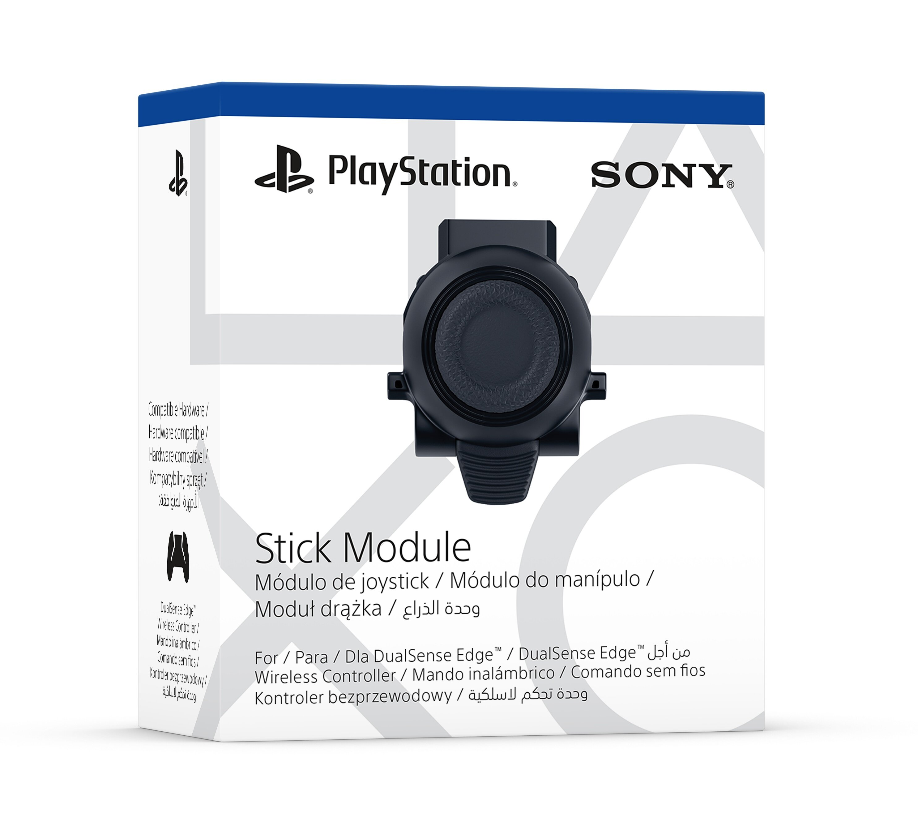 Pudełko z czarnym modułem joysticka, logami PlayStation i Sony oraz tekstem wielojęzycznym.