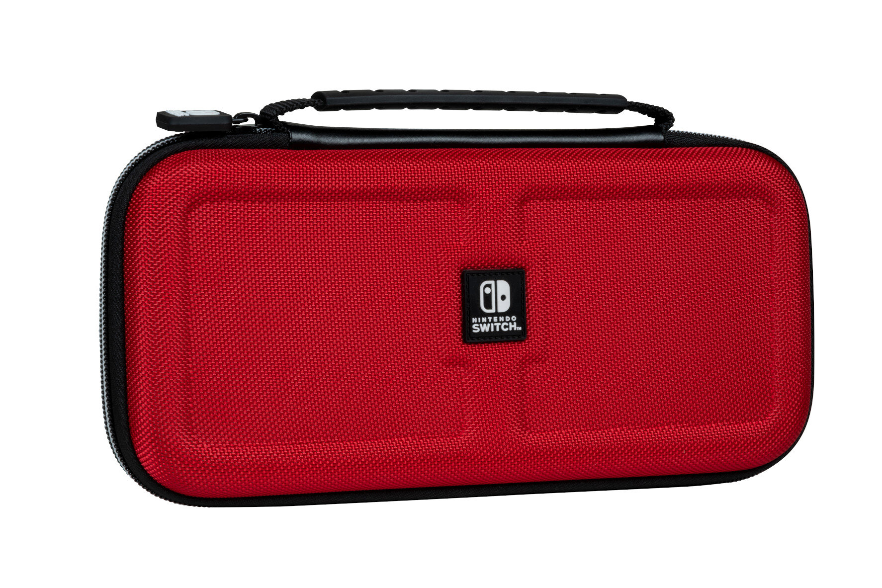 Czerwone etui na Nintendo Switch z czarnym zamkiem błyskawicznym i uchwytem. Widoczne logo Nintendo Switch.
