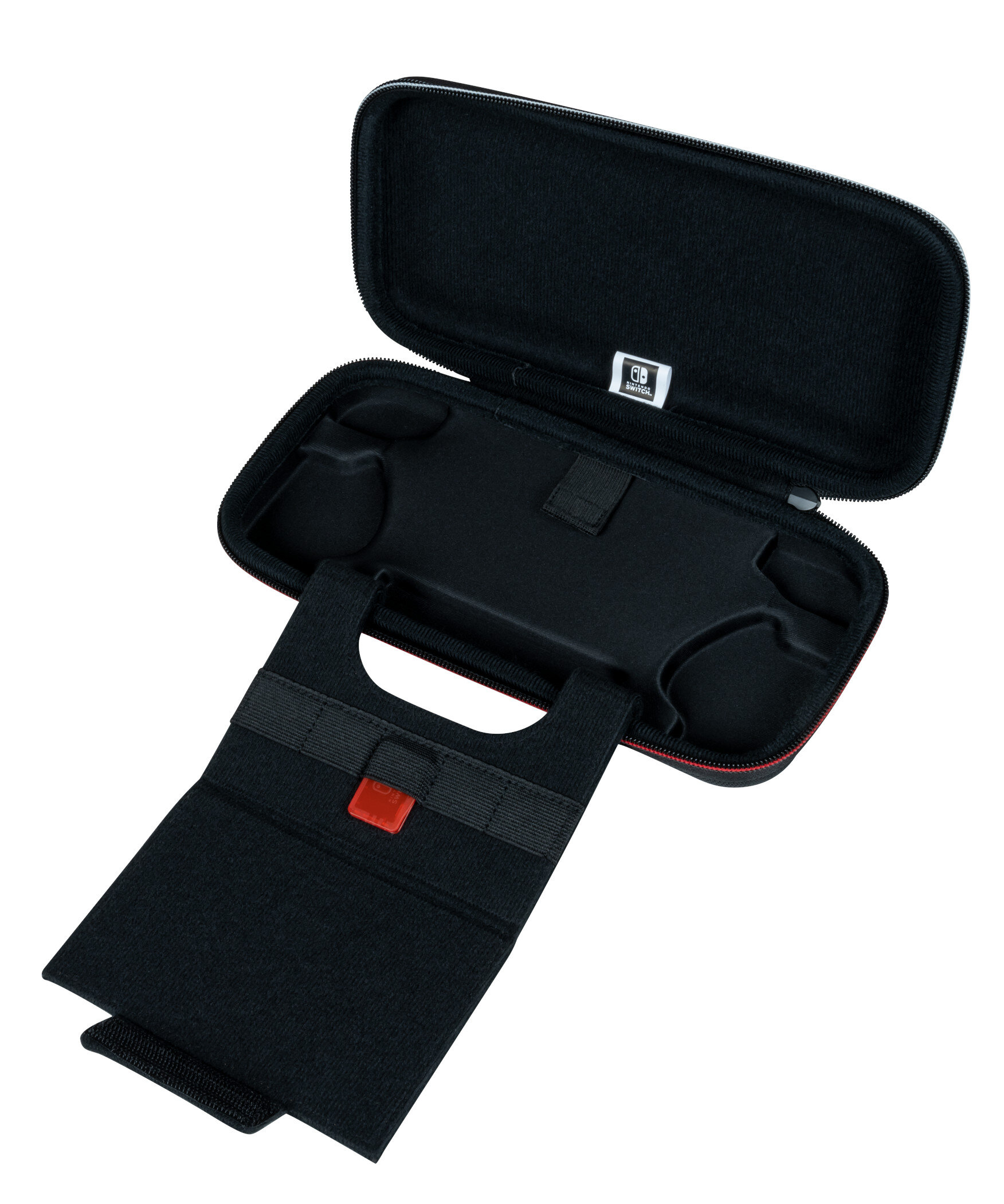 Czarny futerał Nintendo Switch, otwarty, z klapką. Czarno-czerwone wnętrze z logo Switch.