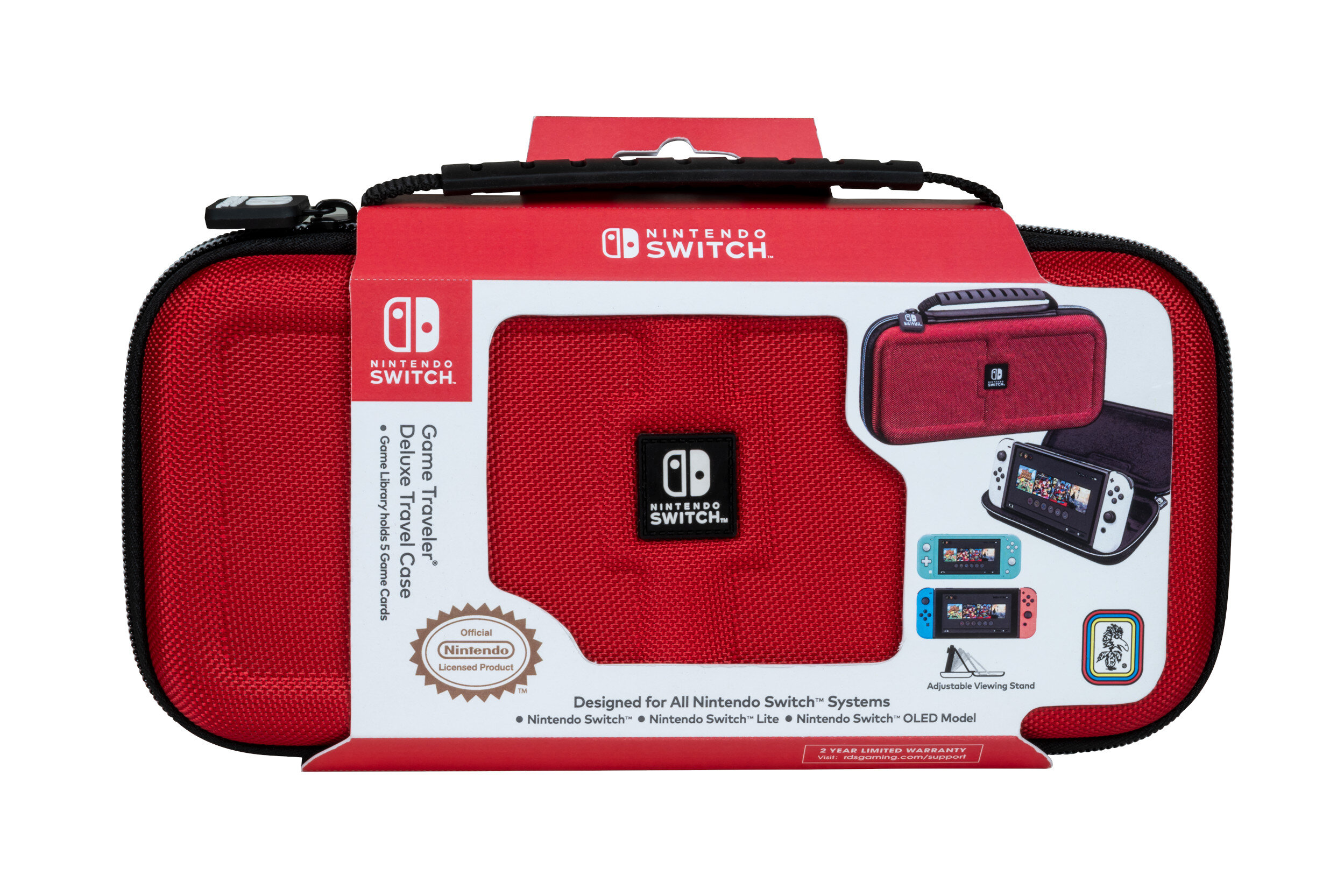 Czerwone etui Nintendo Switch z logo marki z przodu i zdjęciami konsol na pudełku.