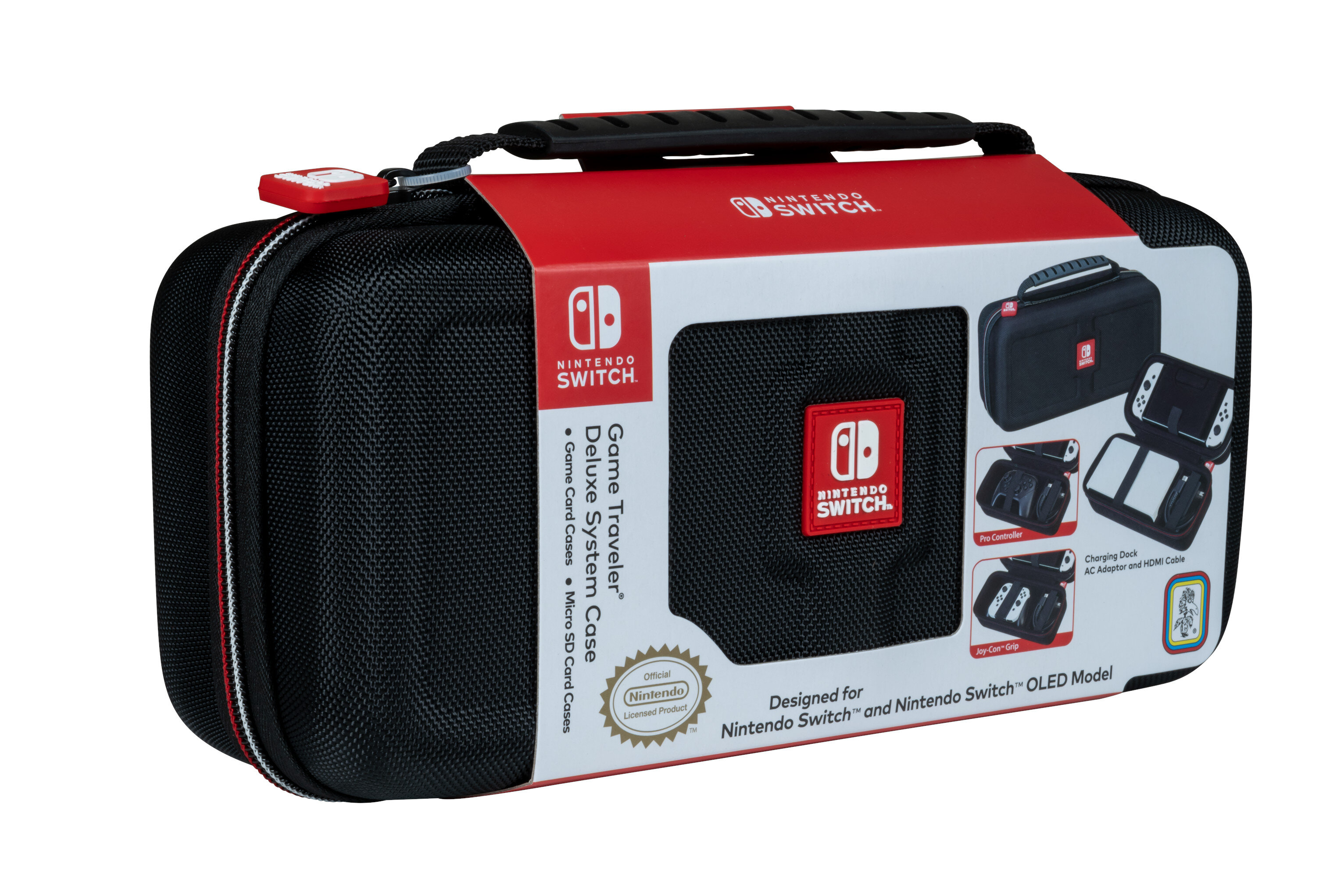 Etui transportowe Nintendo Switch. Etui jest czarne i czerwone. Tekst: Game Traveler Deluxe System Case.