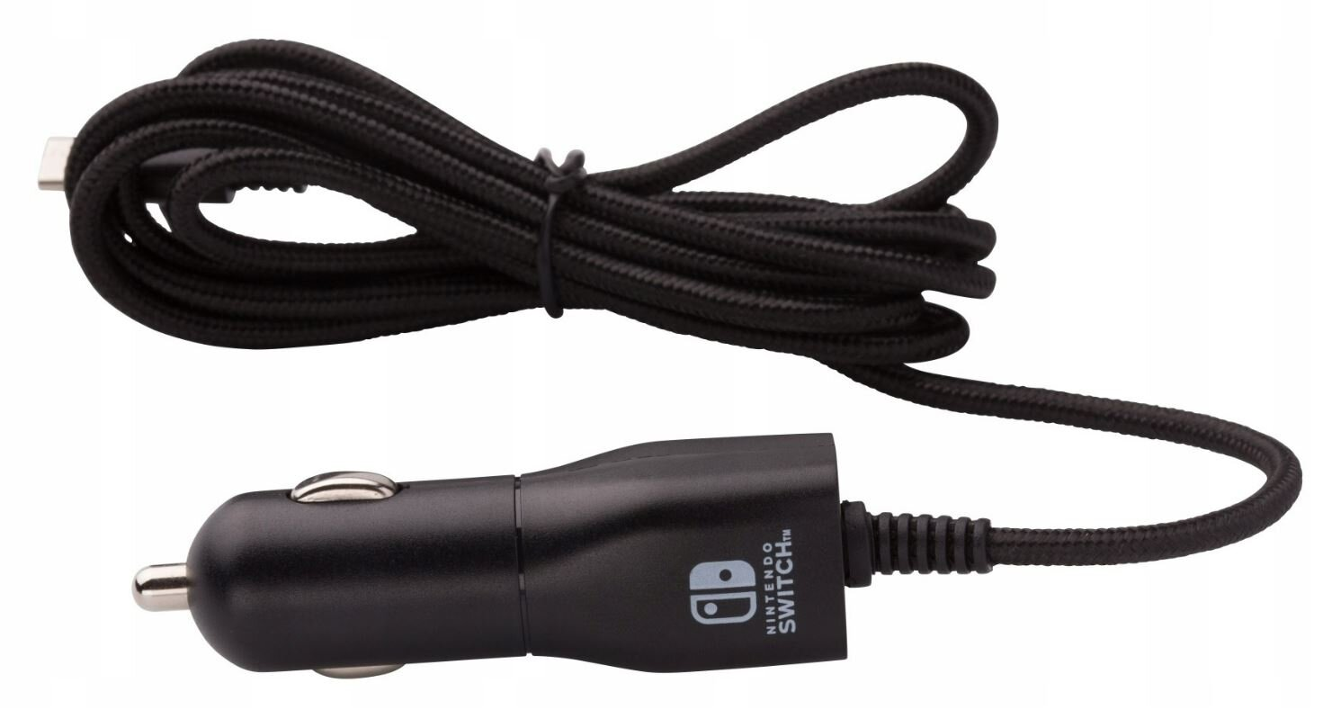 Czarny kabel ładowarki samochodowej do Nintendo Switch. Kabel jest zwinięty.