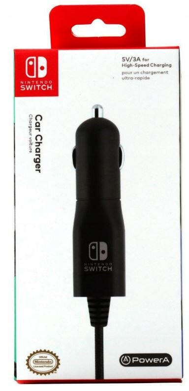 Czarna ładowarka samochodowa Nintendo Switch w opakowaniu, z logo i tekstem.
