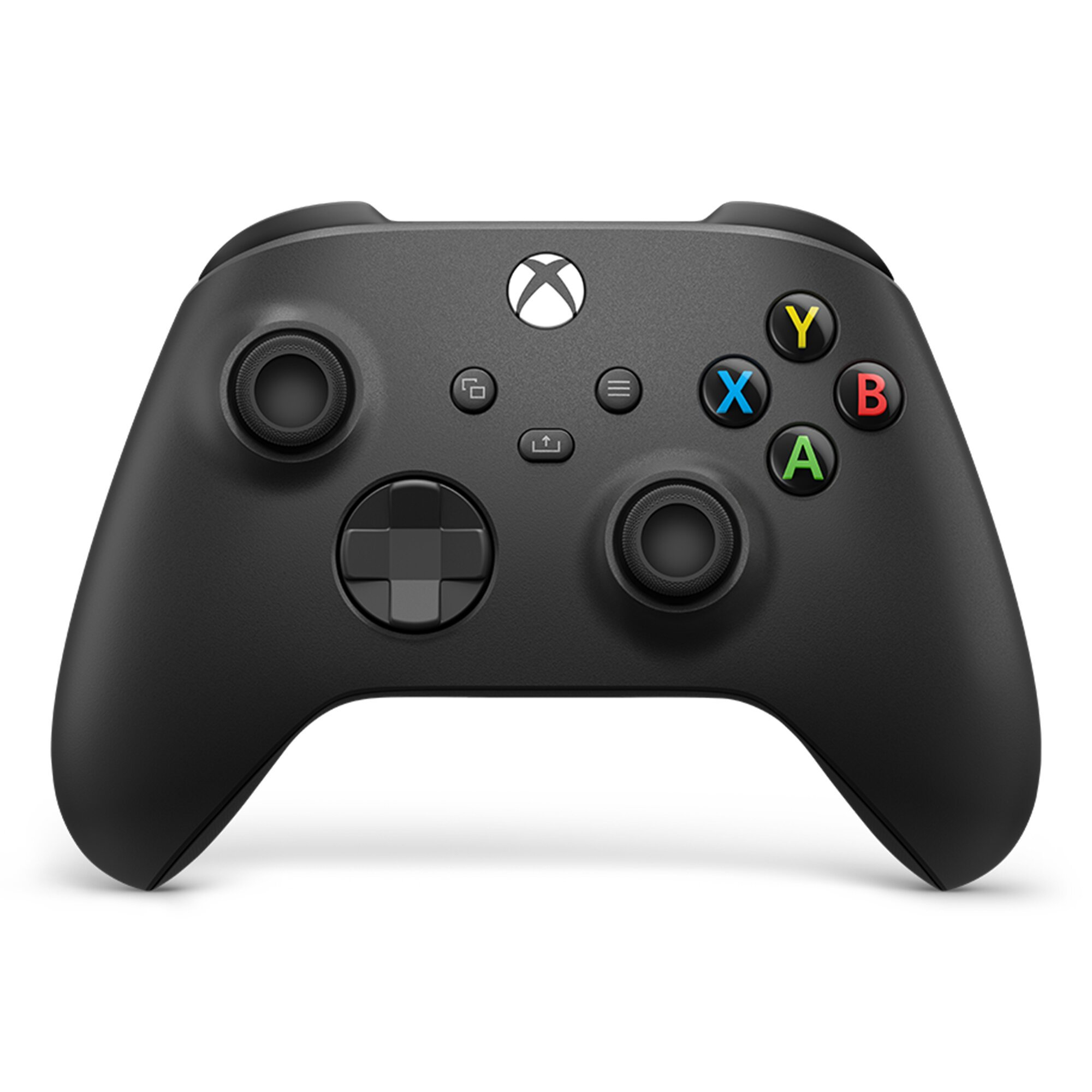 Czarny kontroler Xbox. Posiada kolorowe przyciski i pad kierunkowy.
