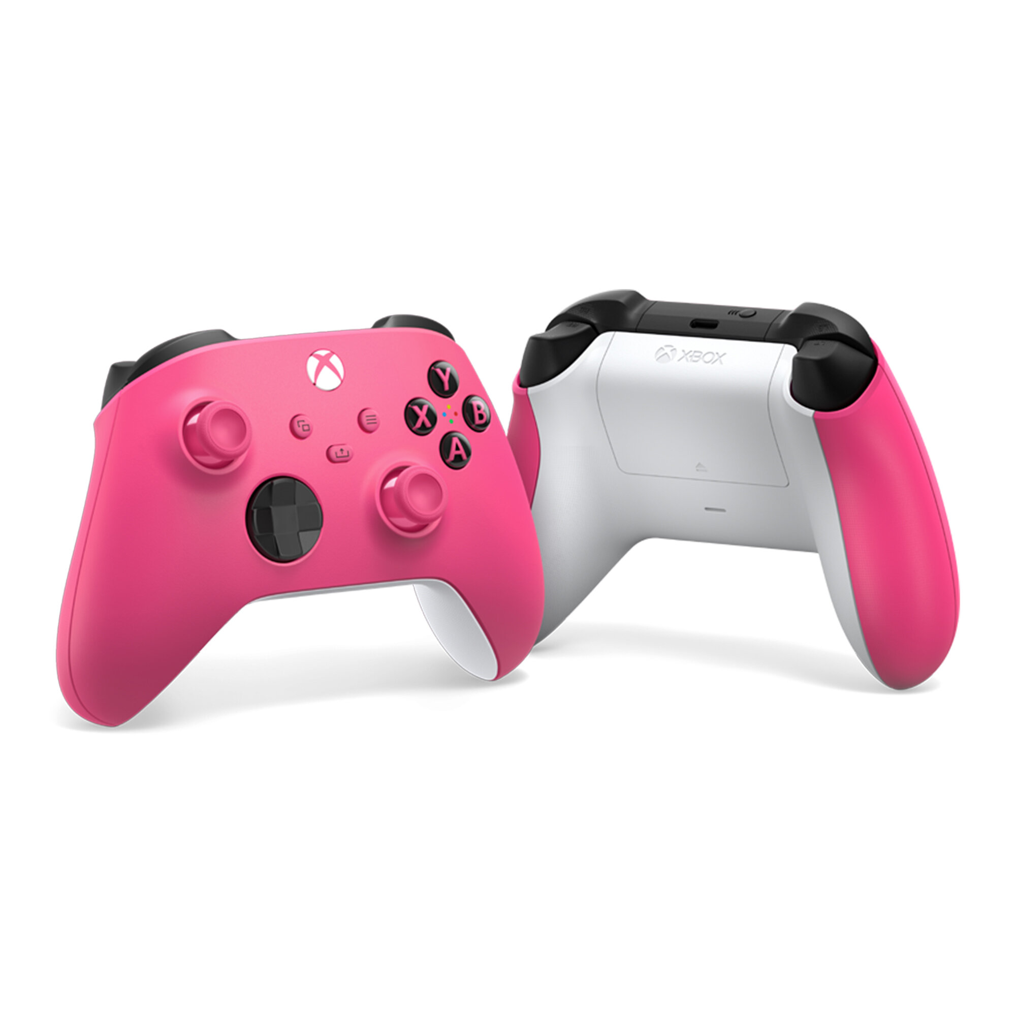 Dwa różowe kontrolery Xbox. Górny pokazuje przód, drugi tył i białą podstawę.