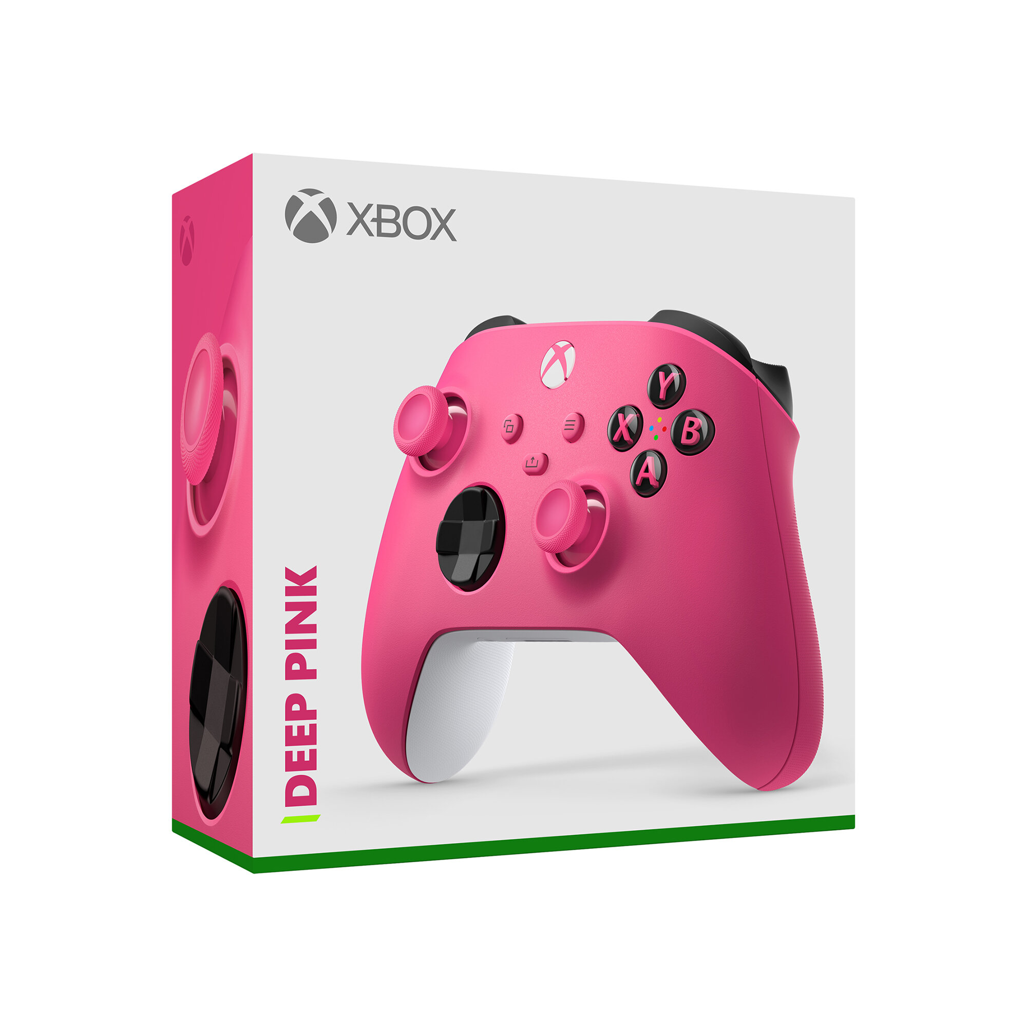 Różowy kontroler Xbox w pudełku. Pudełko ma logo Xbox i napis Deep Pink.