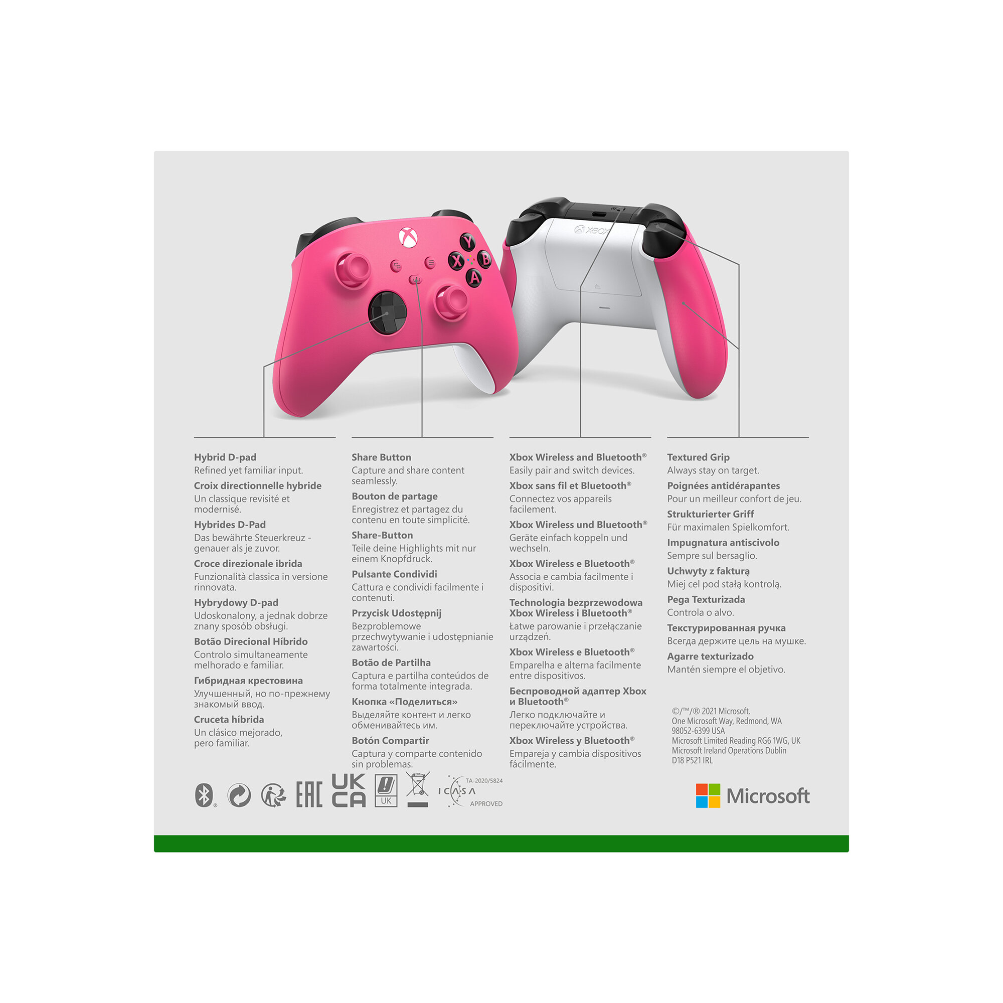 Różowy kontroler Xbox z białymi akcentami. Kontroler jest pokazany na białym tle z etykietami tekstowymi.