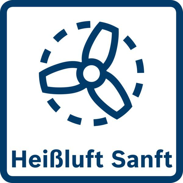 Symbol mit einem Lüfter in einem Kreis, darunter die Worte 'Heißluft Sanft'.
