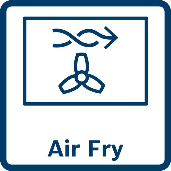 Air Fry Symbol, quadratischer blauer Hintergrund mit Luftzirkulation und Ventilator.