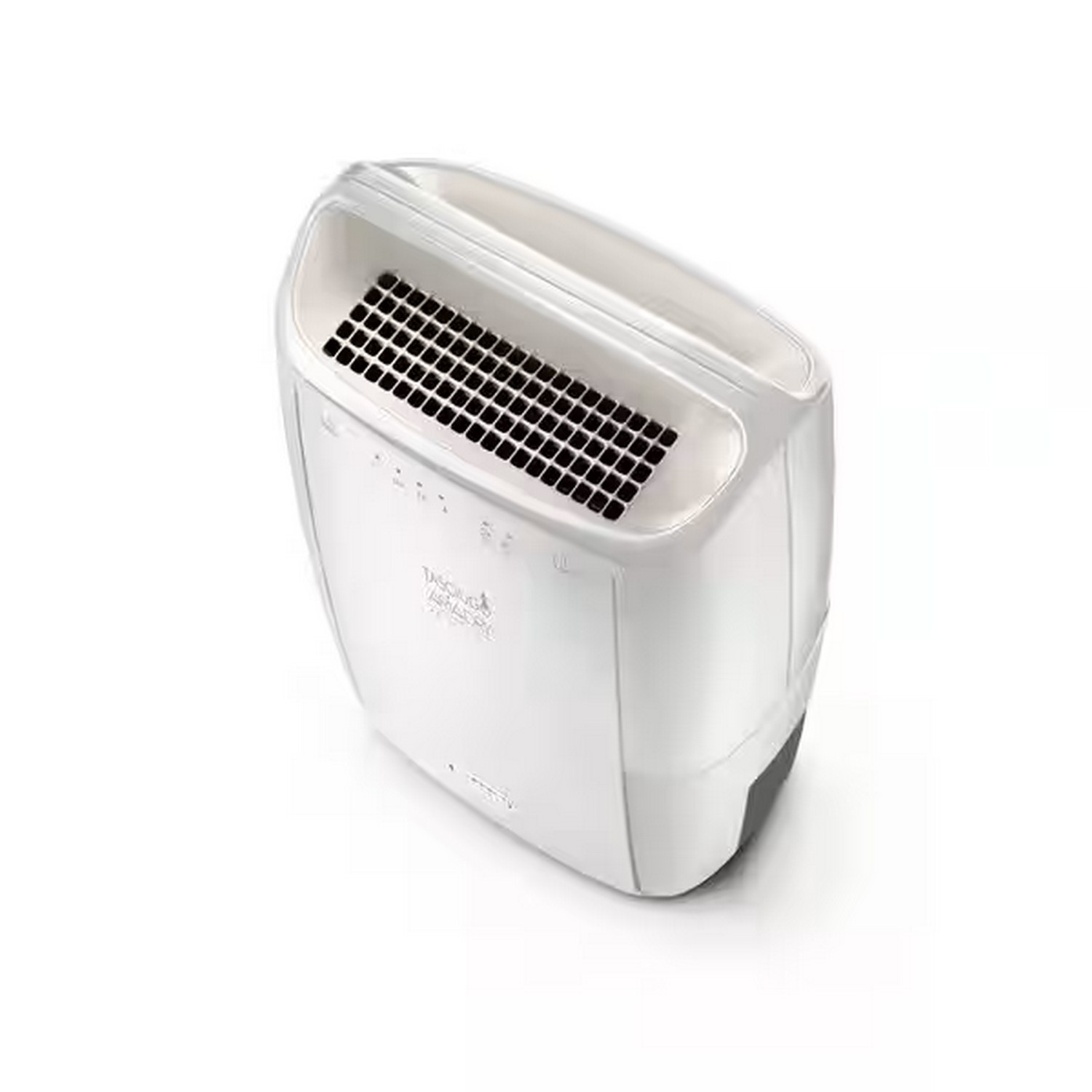 White hand dryer. It has a black grid on the top.