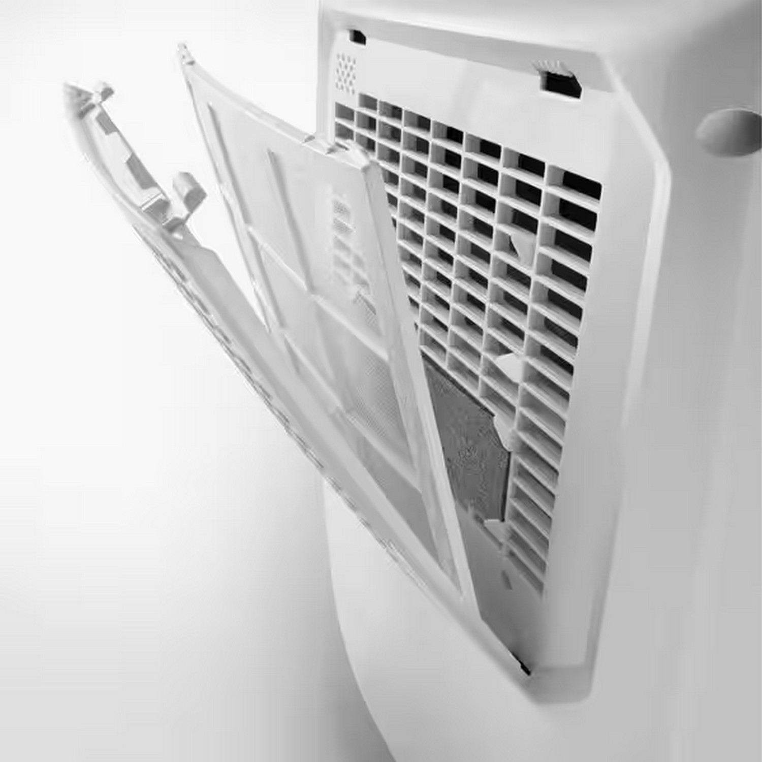 Air purifier with open filter. White plastic, grid design, and a visible filter.