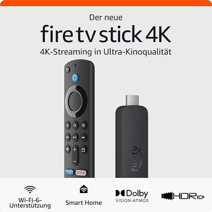 Fire TV Stick 4K, Fernbedienung und Text. Text lautet '4K-Streaming in Ultra-Kinokqualität'.