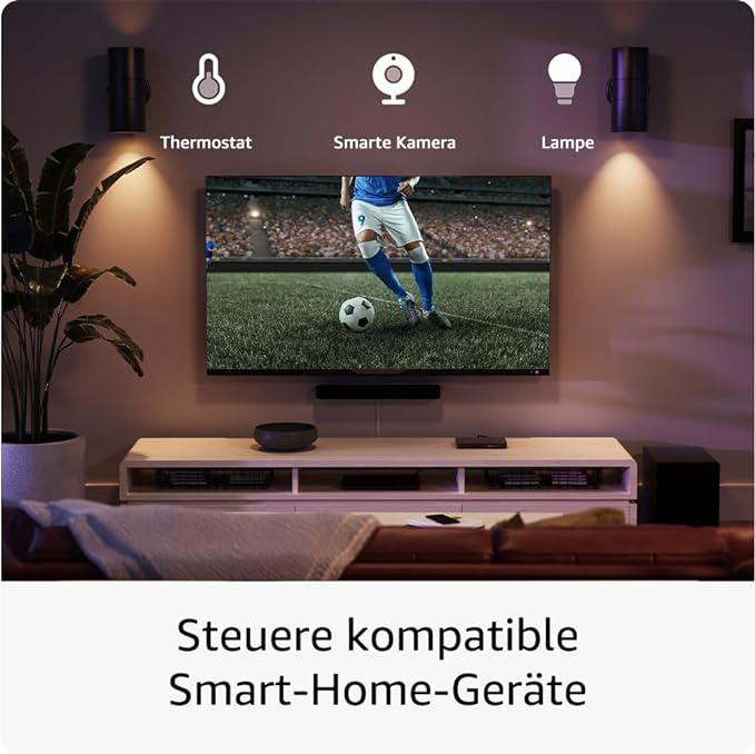 Wohnzimmer mit Smart-TV, der ein Fußballspiel zeigt, mit Smart-Home-Steuerung.