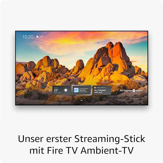 Ein Fernsehbildschirm mit Landschaftsanzeige, Text und Smart-TV-Oberfläche, weißer Hintergrund.
