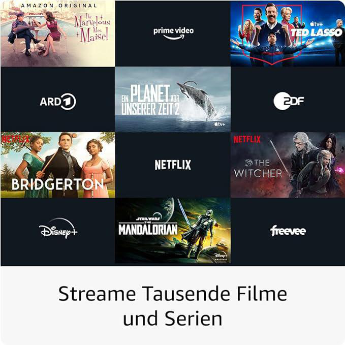 Streaming-Dienstlogos: Amazon, Prime Video, Apple TV+, ARD, Planet, 2DF, Netflix, Bridgerton, The Witcher, Disney+, Mandalorian, Freevee.