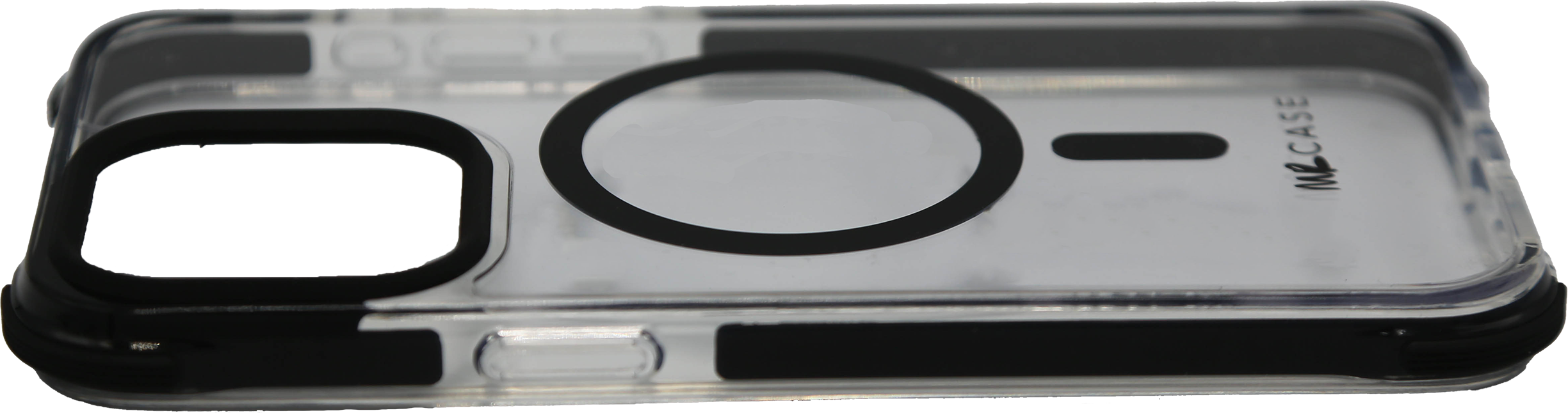 Eine transparente Handyhülle mit schwarzem Rand und einem kreisförmigen Magneten.