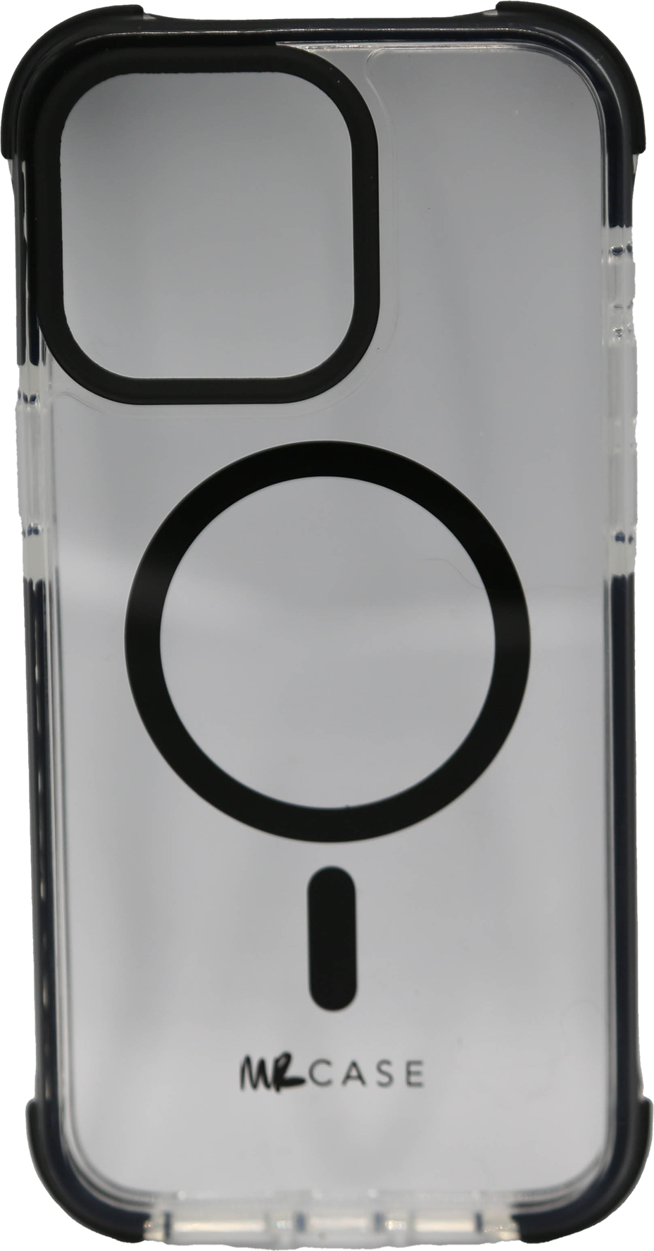 Transparente Handyhülle mit schwarzen Rändern und einem schwarzen Kreis- und Liniendesign auf der Rückseite.