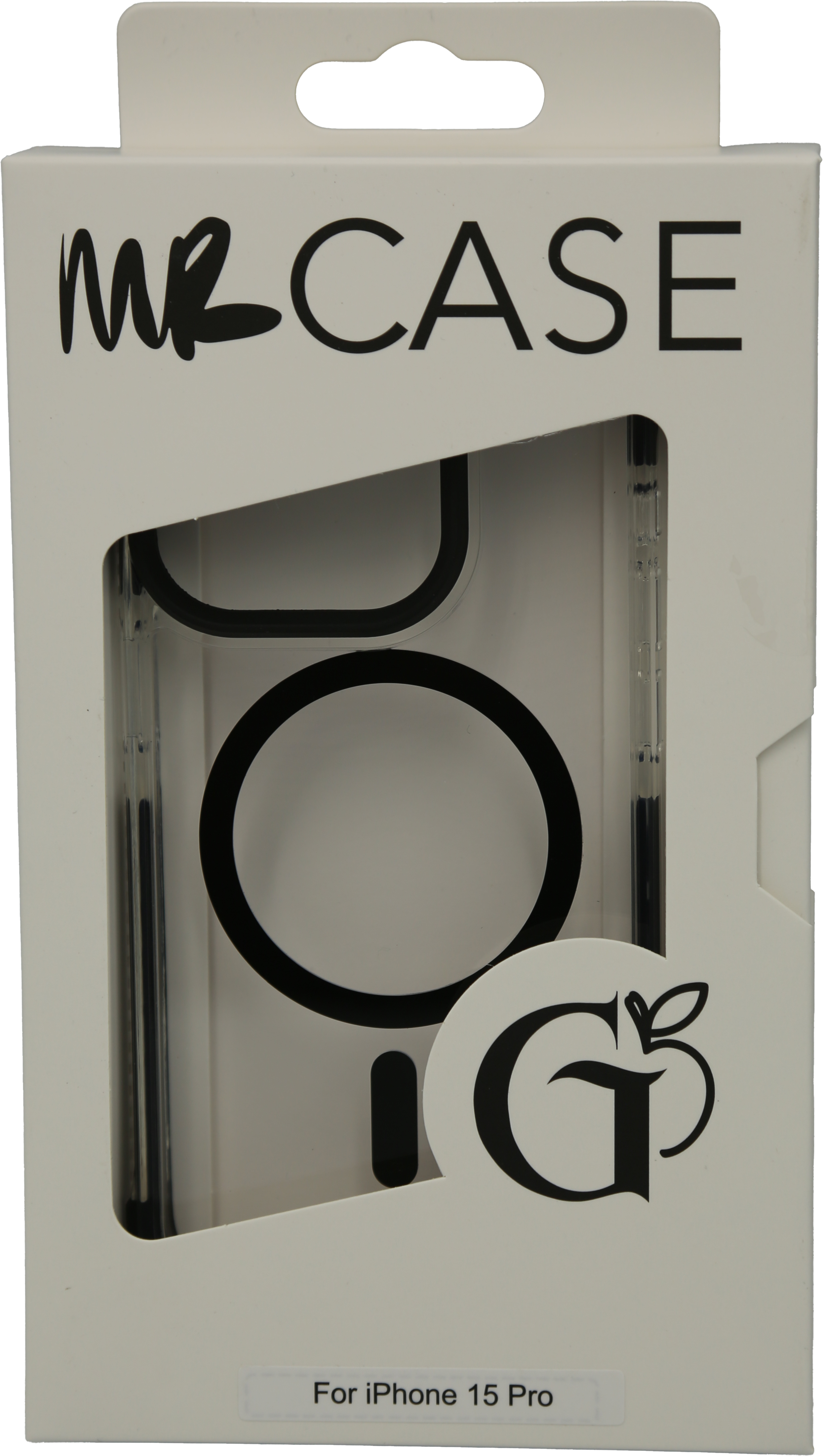 Weiße iPhone 15 Pro Hülle in einer Box. Die Hülle ist transparent mit einem schwarzen Kreis und einem 'G' Logo.