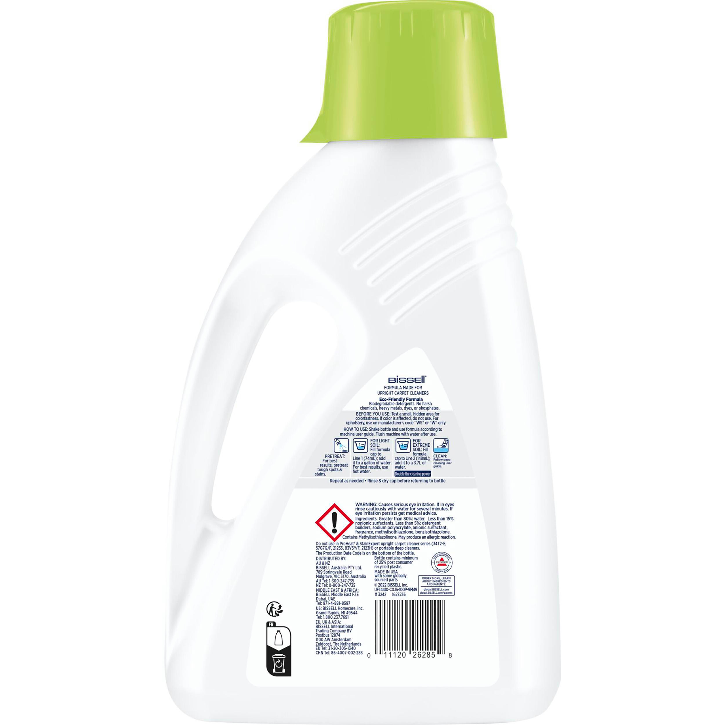 Eine weiße Flasche Reinigungslösung von Bissell, die Etikett, Sicherheitshinweise und Gebrauchsanweisungen zeigt.
