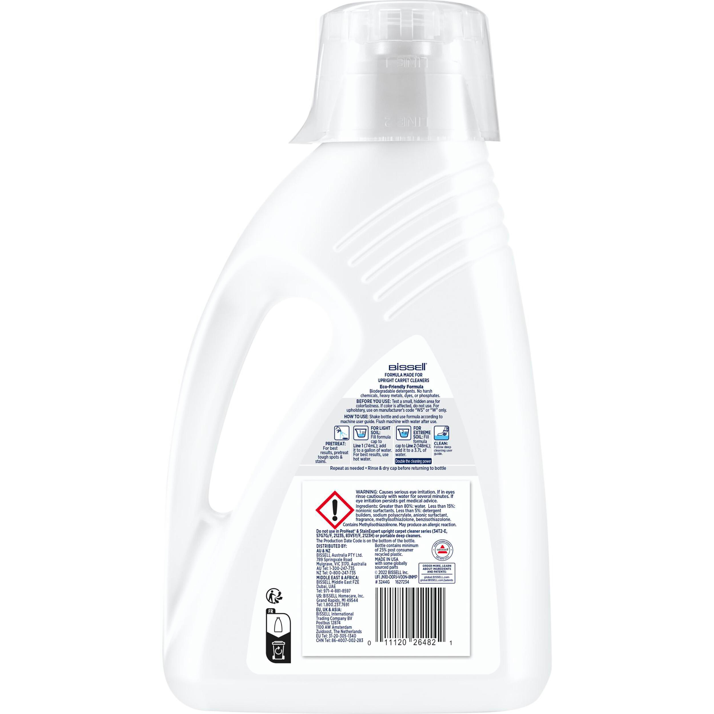Eine weiße Bissell-Reinigungsmittel-Flasche. Etikettentext ist sichtbar, zusammen mit einem durchsichtigen Kunststoffdeckel.
