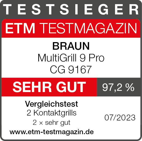 Una recensione del prodotto con testo per Braun MultiGrill 9 Pro, valutato come 'SEHR GUT'.