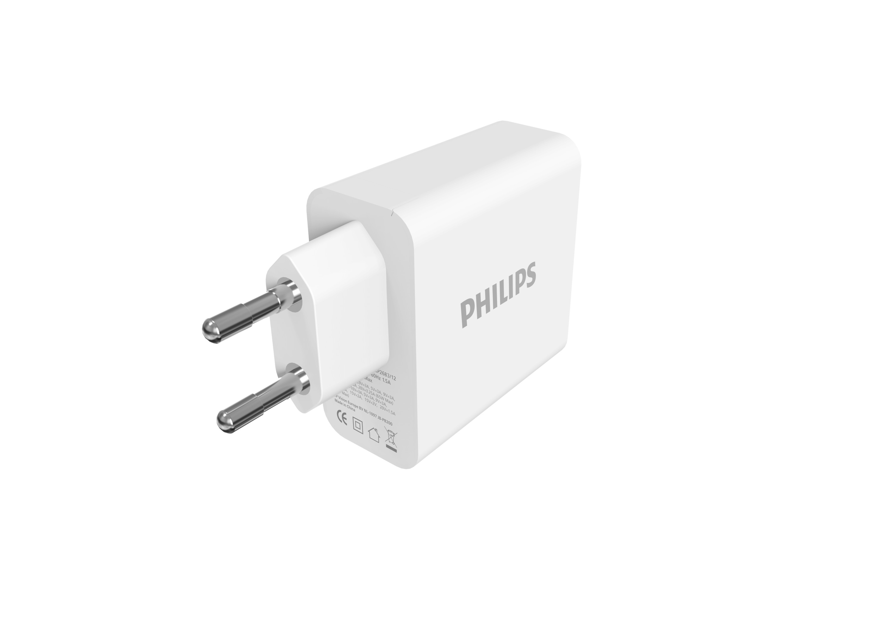 İki gümüş pimi olan beyaz bir Philips şarj cihazı. Şarj cihazı nötr bir arka planda duruyor.