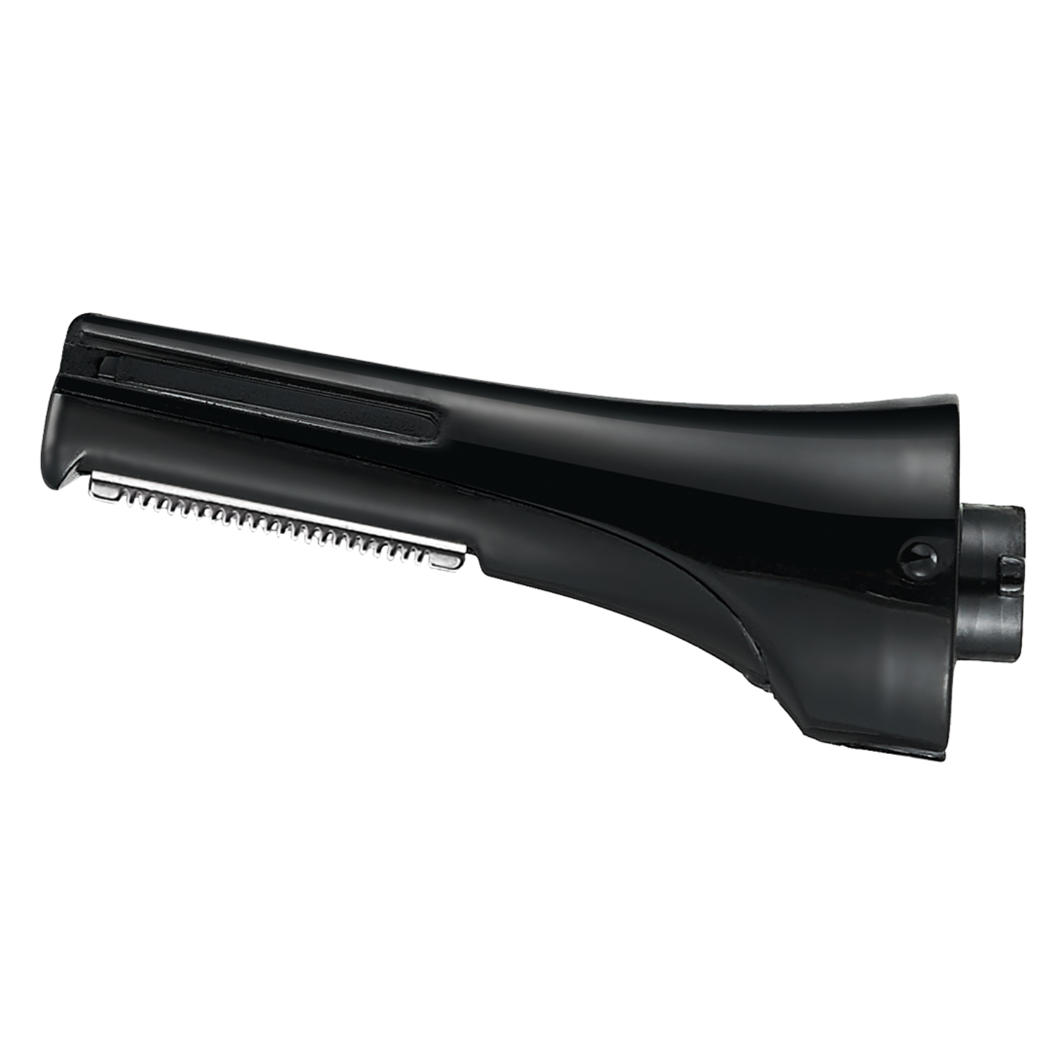 Een zwarte Philips OneBlade scheerkop, close-up, onder een hoek en geïsoleerd op een zwarte achtergrond.