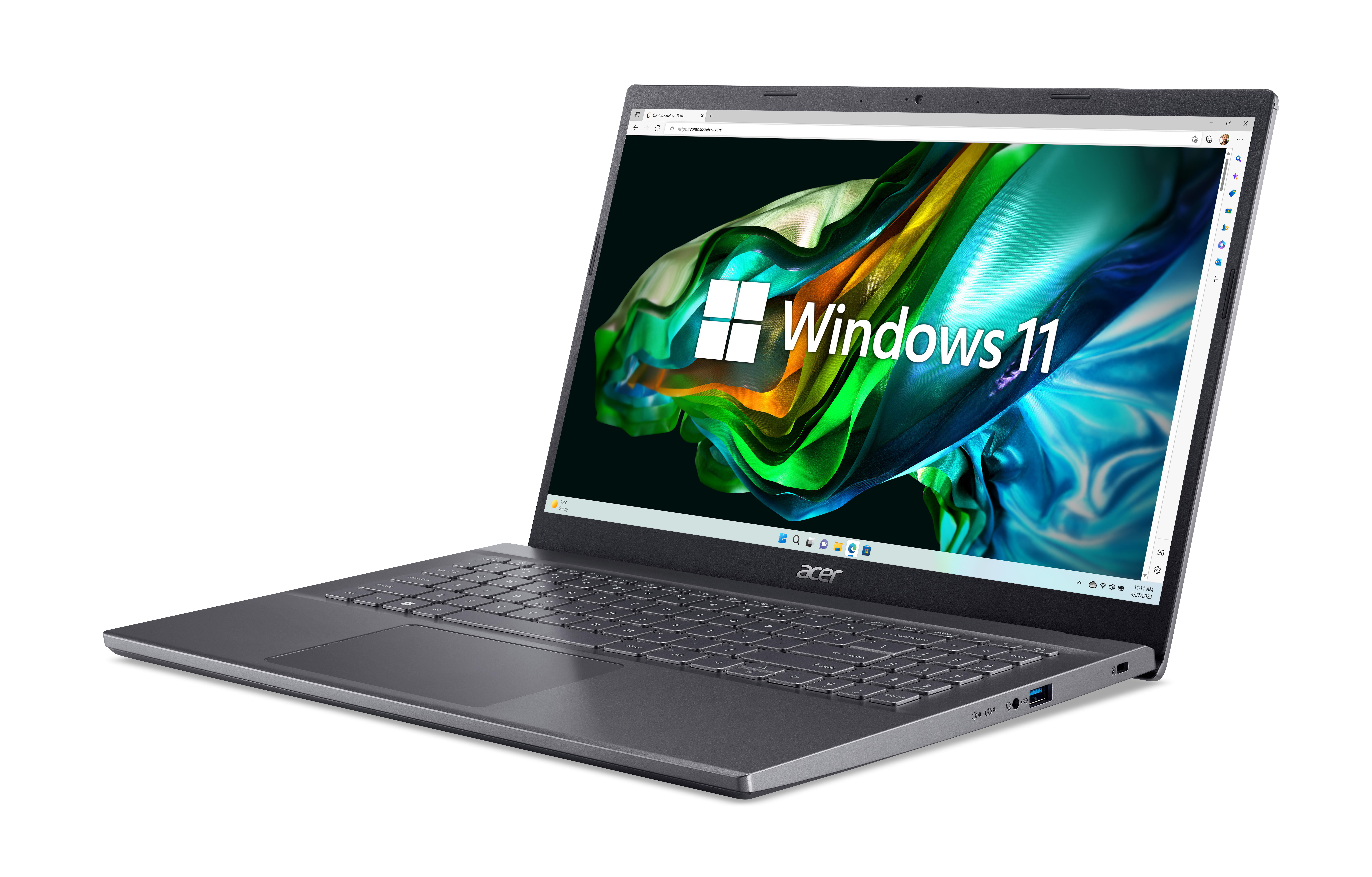 Grauer Laptop mit Windows 11 auf dem Bildschirm.
