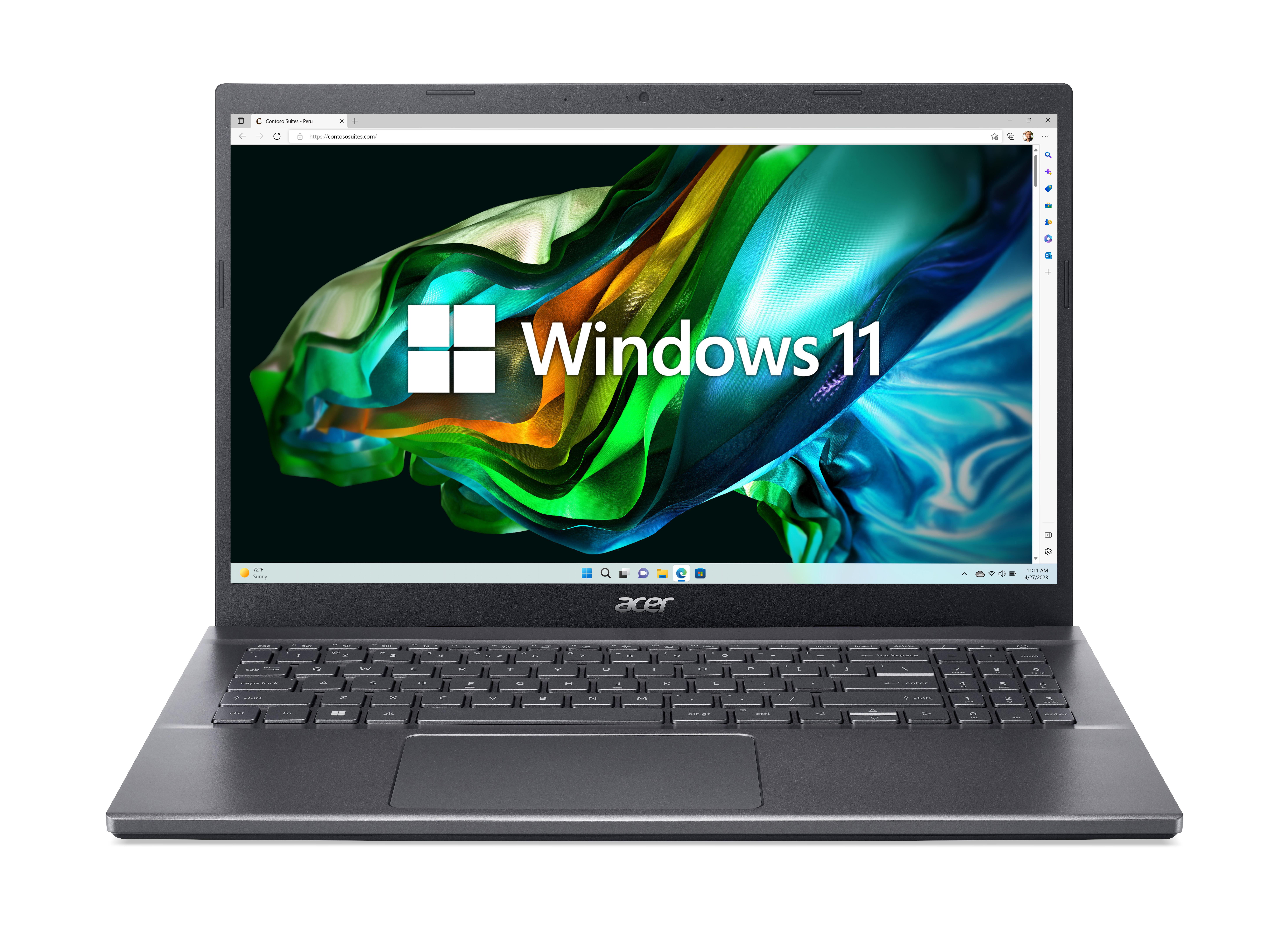 Laptop, der das Windows 11-Logo auf dem Bildschirm mit farbenfrohem, abstraktem Hintergrund zeigt.