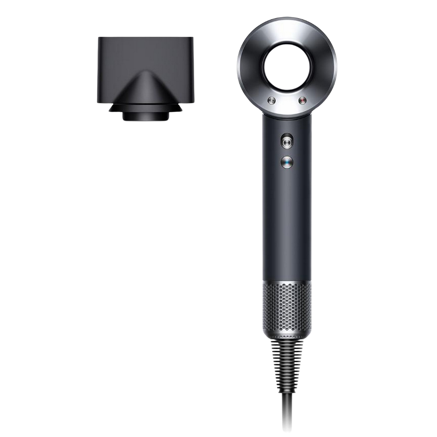 Un sèche-cheveux Dyson noir avec un accessoire, isolé sur noir.