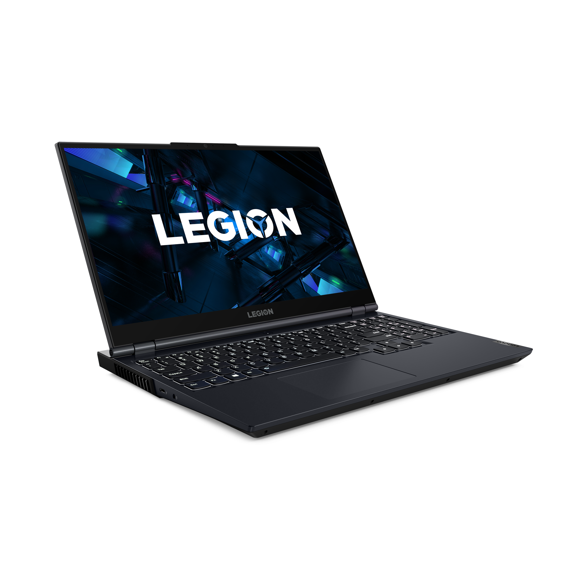 Ordenador portátil negro con el logotipo de Legion en la pantalla, abierto y en ángulo sobre una superficie negra.