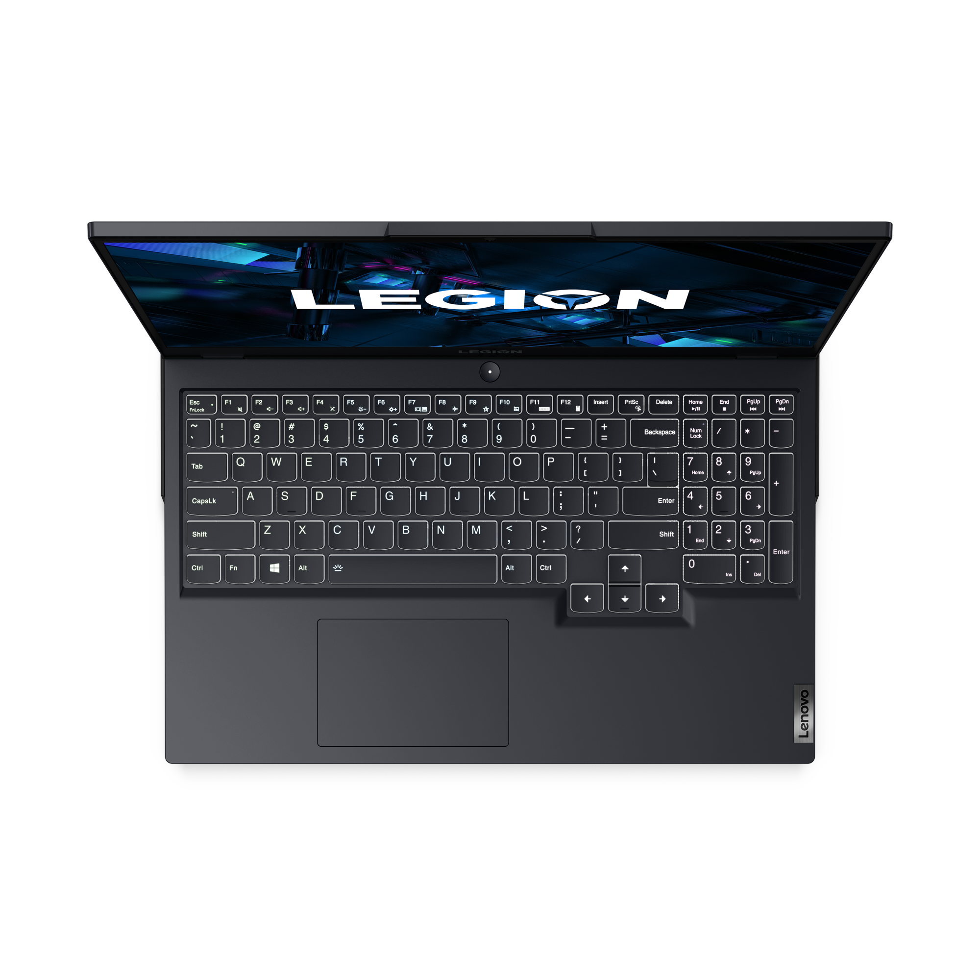 Un portátil con el teclado abierto, vista superior, sobre fondo negro.