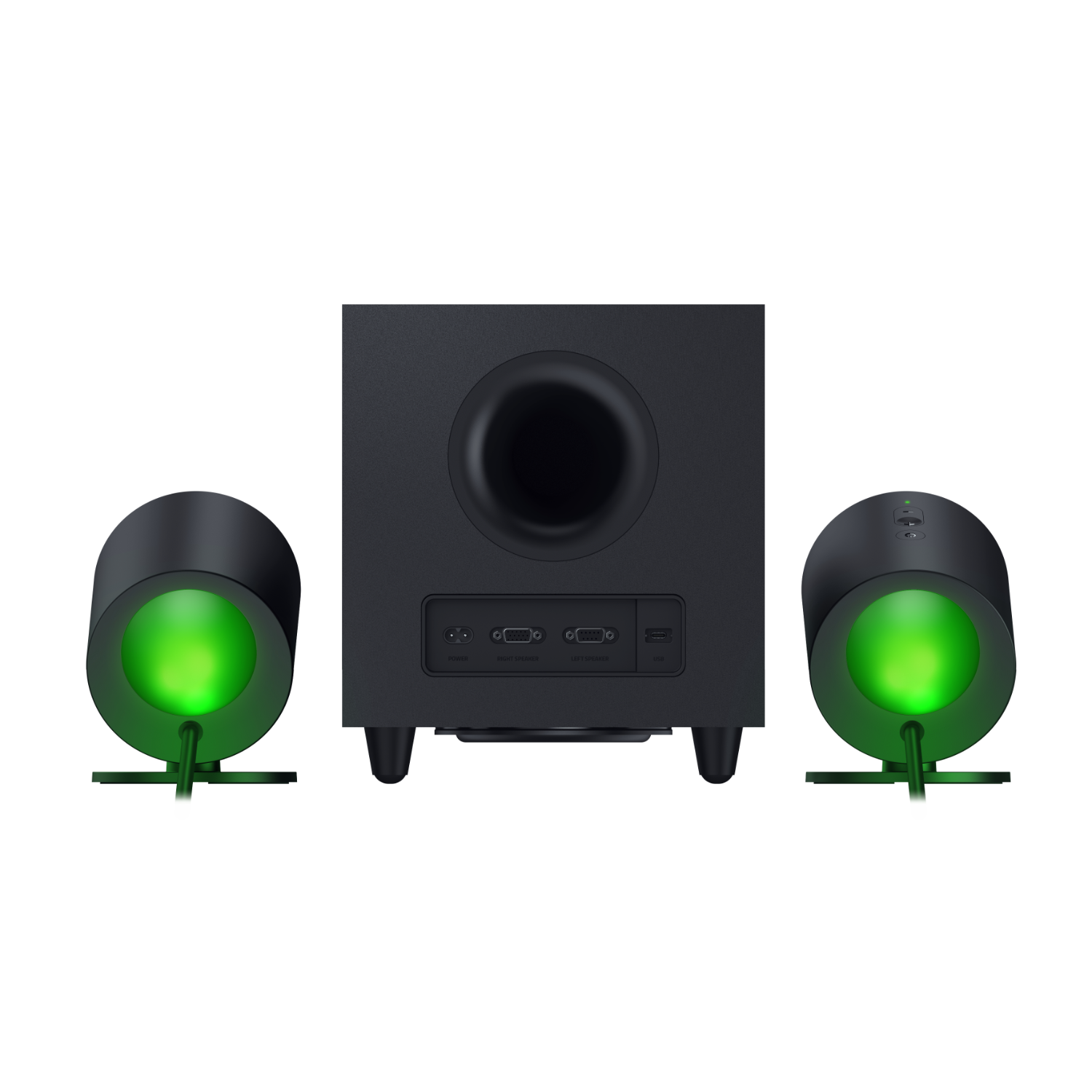 Driedelige zwarte luidsprekerset. Twee kleine luidsprekers met groene lampjes en een subwoofer.