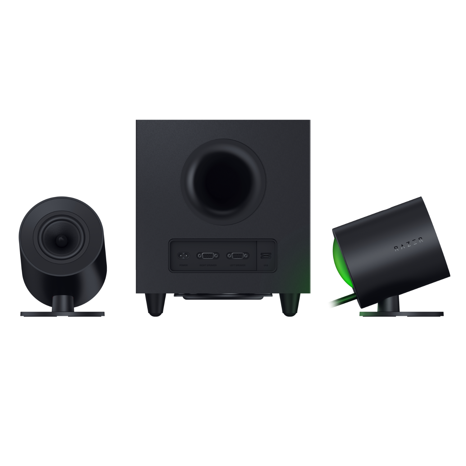 Razer computerspeakers. Eén speaker links, subwoofer in het midden en speaker rechts. Zwart.