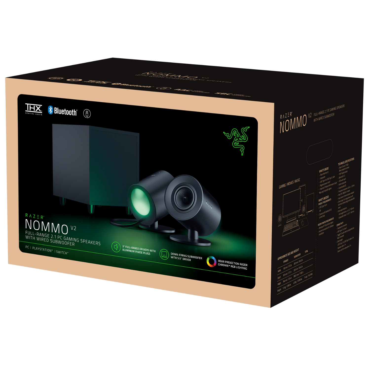 Doos met Razer Nommo V2-luidsprekers, subwoofer en Razer-branding.